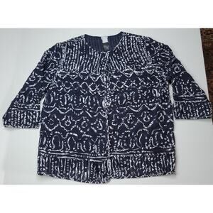 Chico's Travelers Navy Blue White 3/4 Sleeve Mesh Magnetic Jacket Cardigan Sz 3